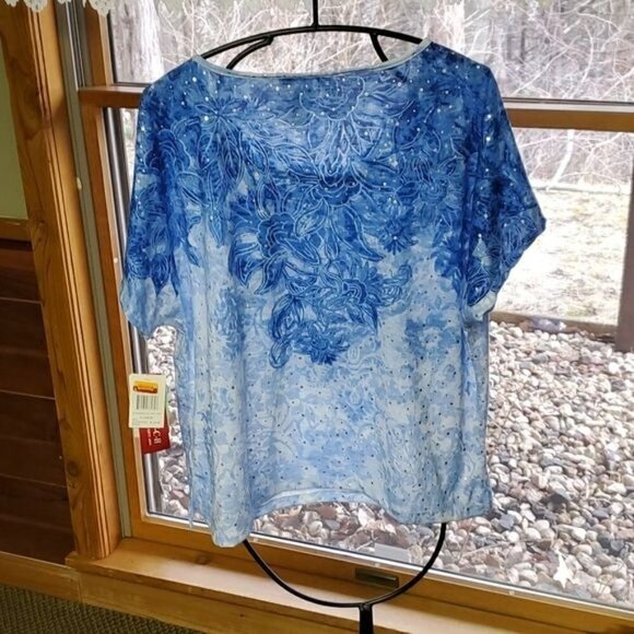 Cathy Daniels Stretch Spandex Embellished Graphic Floral Short Sleeve Sz L Top - Picture 9 of 9